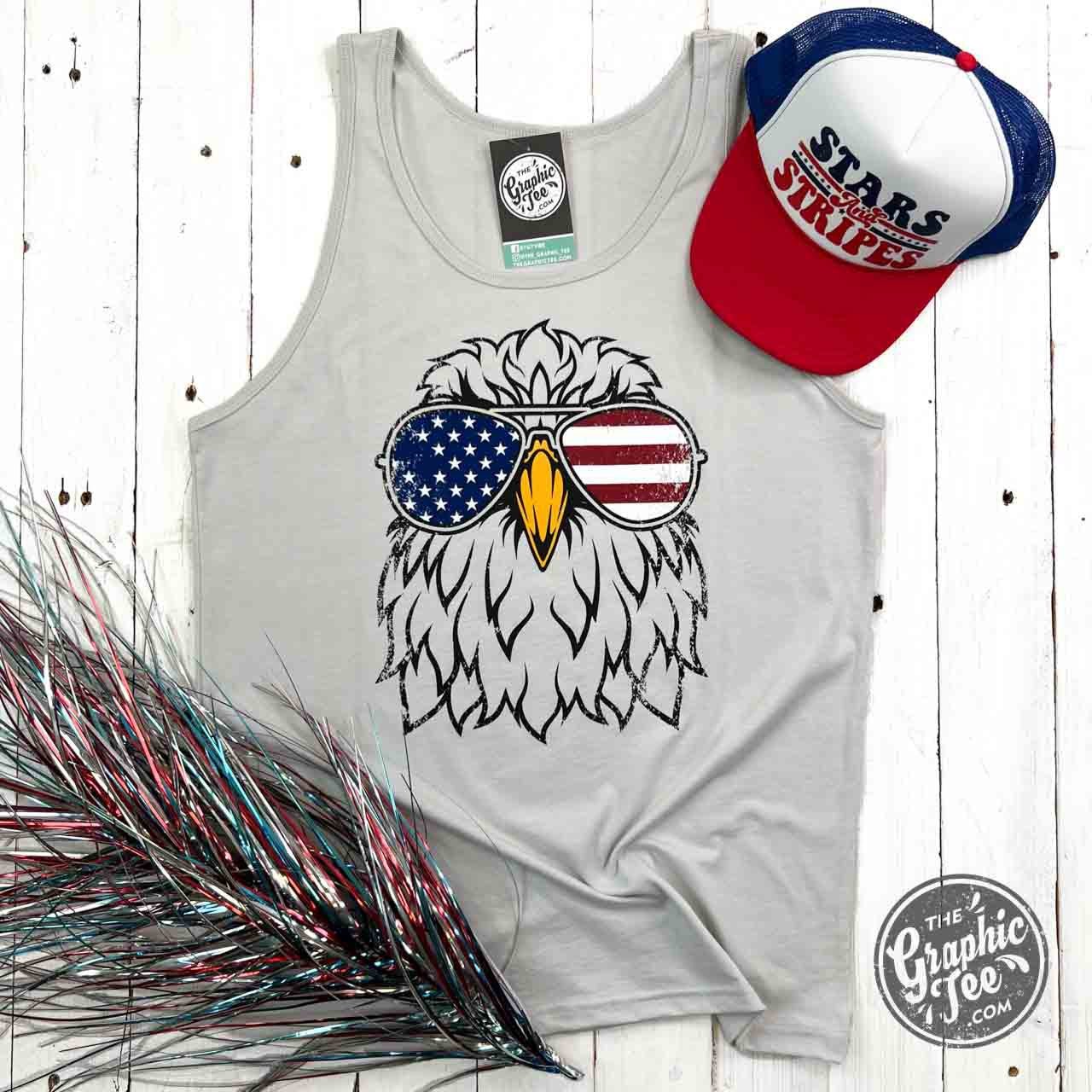 Silver eagle aviator graphic tank top for men and women by The Graphic Tee, featuring a detailed eagle design on unisex sleeveless shirt.