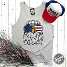Silver eagle aviator graphic tank top for men and women by The Graphic Tee, featuring a detailed eagle design on unisex sleeveless shirt.