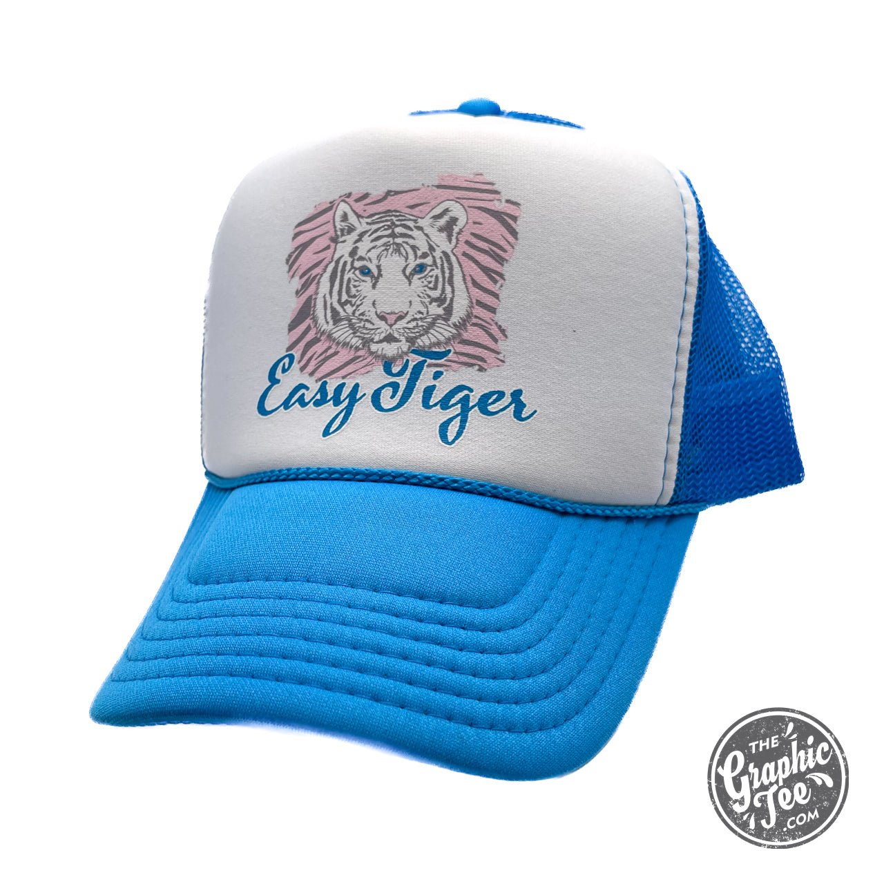 Easy Tiger foam trucker cap by The Graphic Tee featuring a breathable mesh back and bold tiger graphic front.