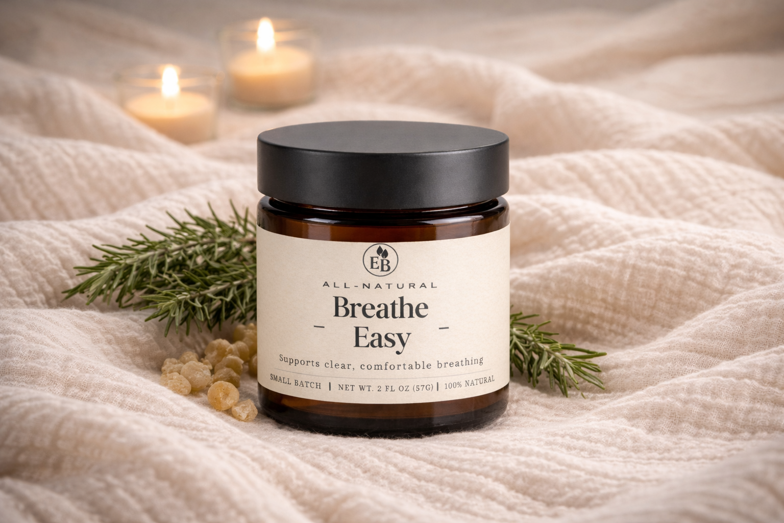 Breathe Easy Balm by Elderberry Boost, LLC, shown in a jar, designed for chest and sinus support with natural ingredients.