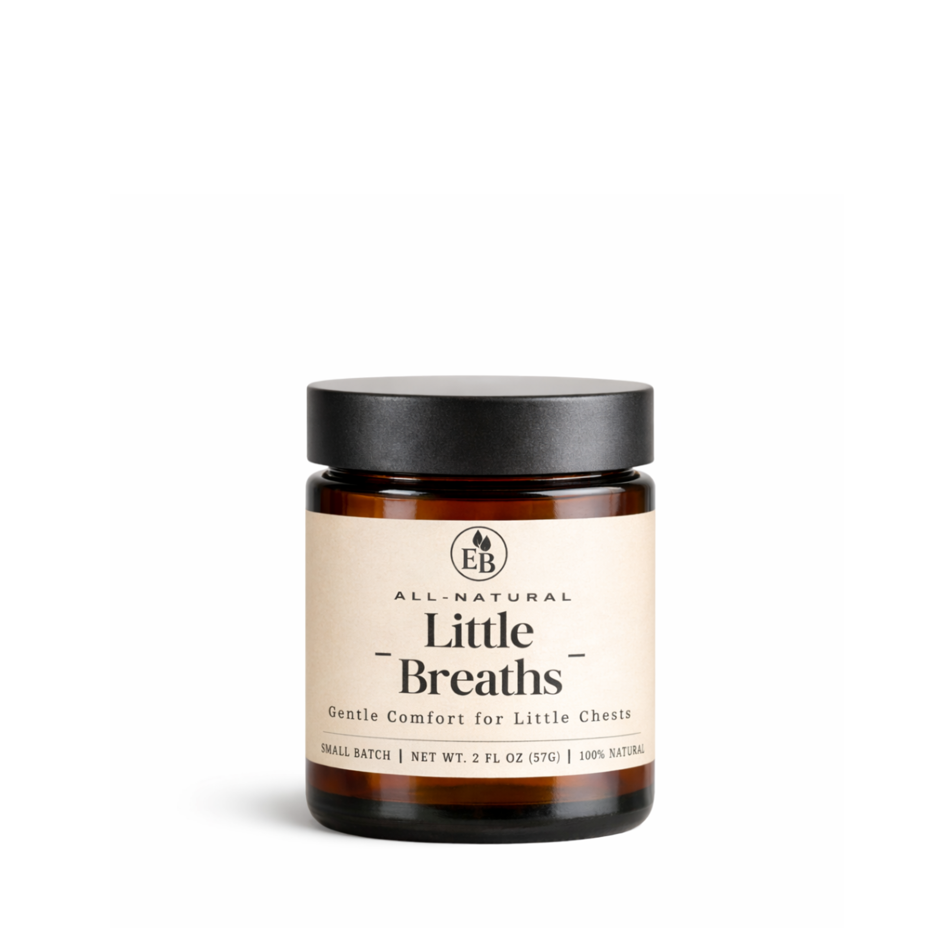 Little Breaths Balm by Elderberry Boost LLC, gentle natural chest balm for kids, shown in a small jar with calming packaging.
