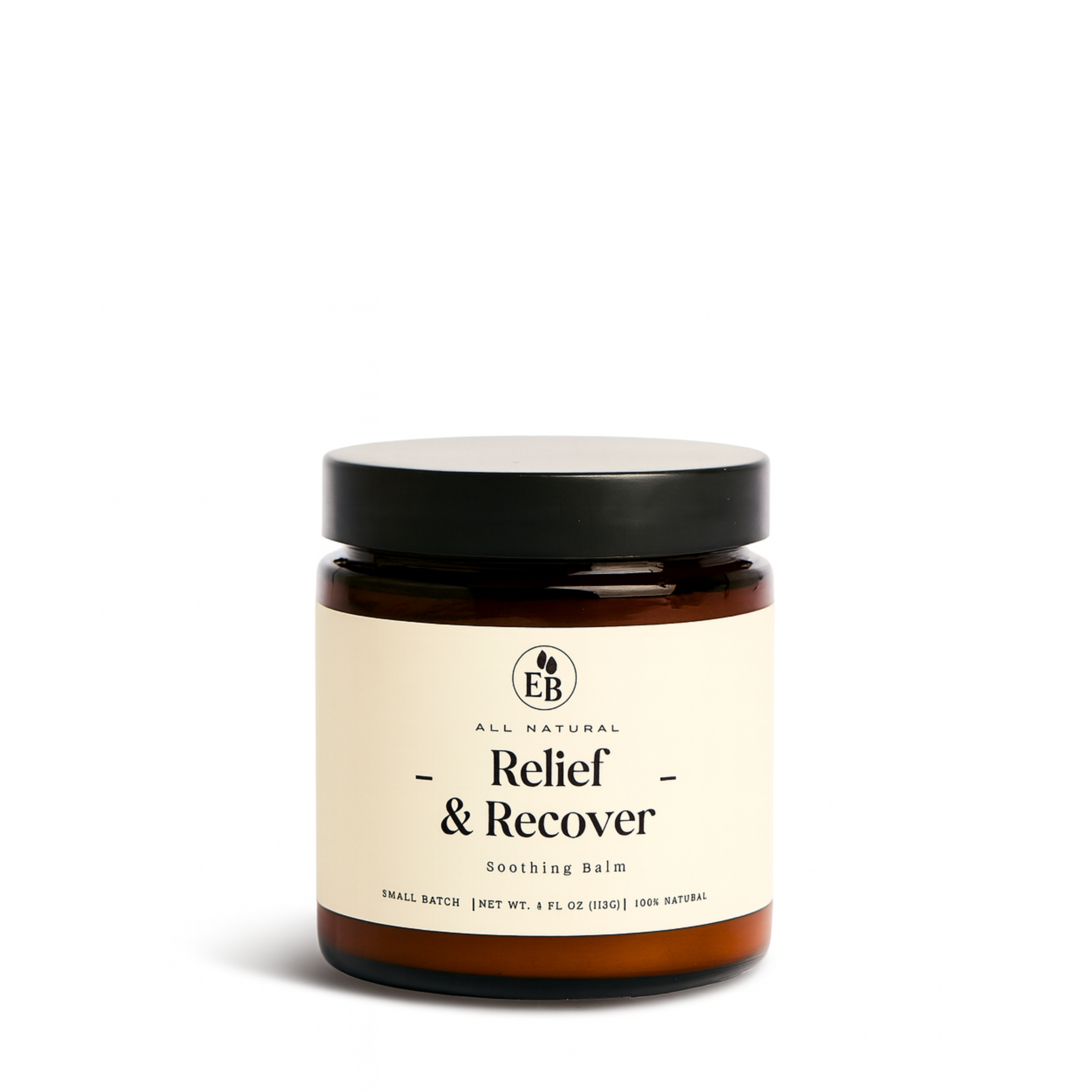 Elderberry Boost LLC Relief & Recover Pain Balm jar with herbal balm for soothing pain relief on skin.