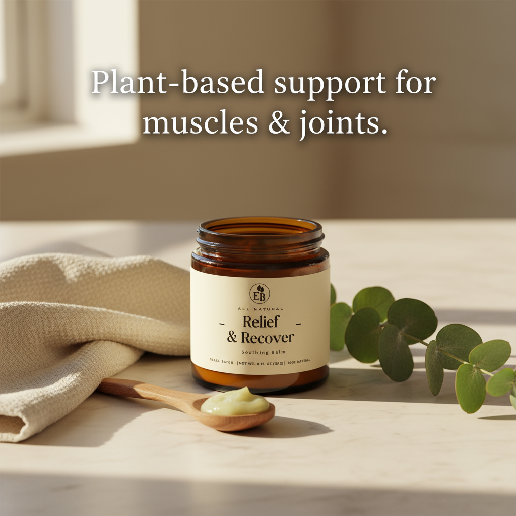 Elderberry Boost Relief & Recover Pain Balm in a small jar, with natural herbal ingredients visible on the label.