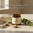Elderberry Boost Relief & Recover Pain Balm in a small jar, with natural herbal ingredients visible on the label.