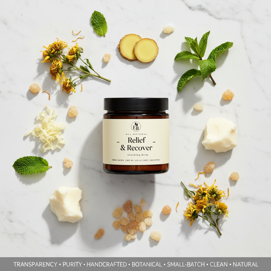 Elderberry Boost LLC Relief & Recover Pain Balm jar with label, natural herbal pain relief balm for soothing sore muscles.