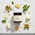 Elderberry Boost LLC Relief & Recover Pain Balm jar with label, natural herbal pain relief balm for soothing sore muscles.