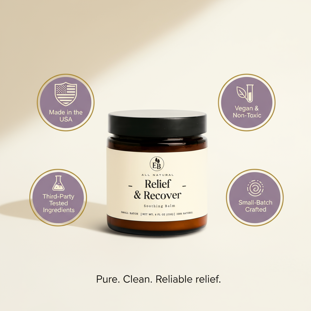 Elderberry Boost Relief & Recover Pain Balm tube showing the product label and balm application on skin.