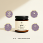 Elderberry Boost Relief & Recover Pain Balm tube showing the product label and balm application on skin.