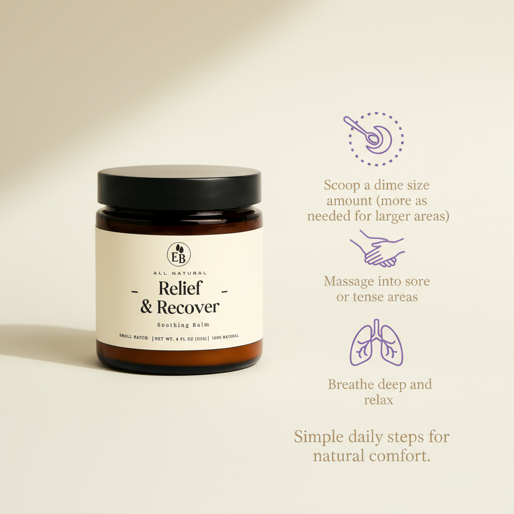 Elderberry Boost Relief & Recover Pain Balm jar with label, natural herbal remedy for soothing muscle and joint discomfort