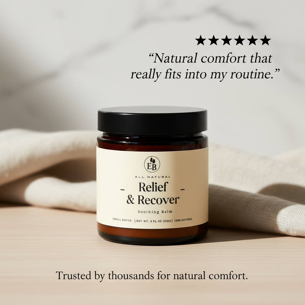 Elderberry Boost Relief & Recover Pain Balm jar with label, natural herbal remedy for soothing pain and inflammation.