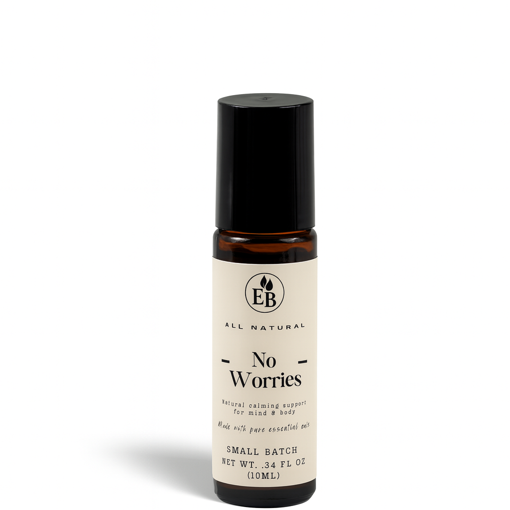 No Worries calming essential oil roll-on by Elderberry Boost, LLC, featuring a clear glass roller bottle with a white cap and label.