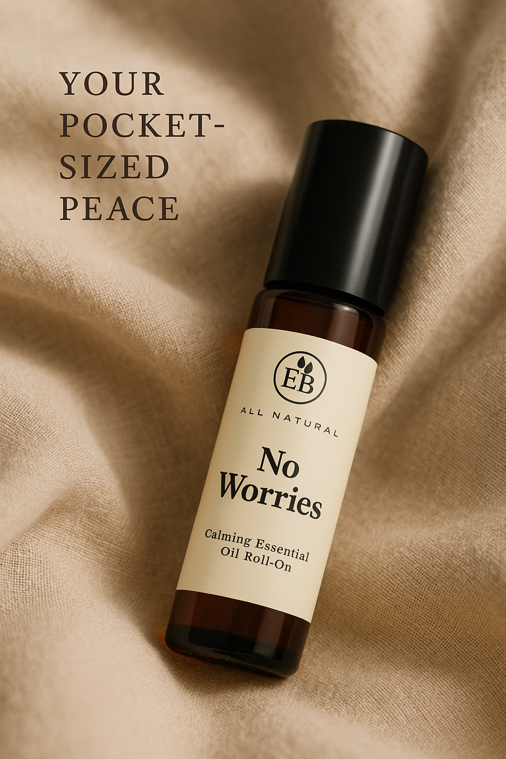 Elderberry Boost LLC No Worries calming essential oil roll-on applicator with soothing aromatherapy blend in a small roll-on container.