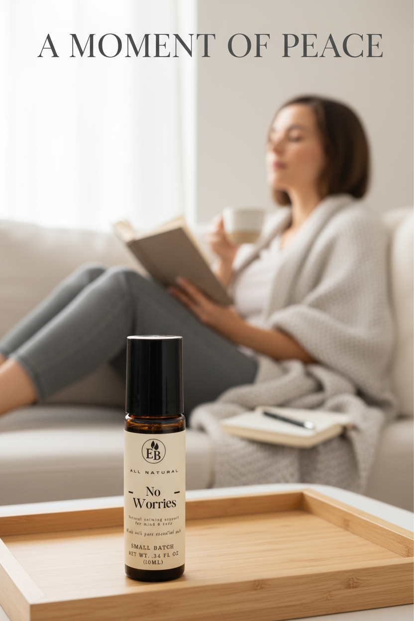 Elderberry Boost No Worries calming essential oil roll-on, natural aromatherapy blend in a compact roller bottle.