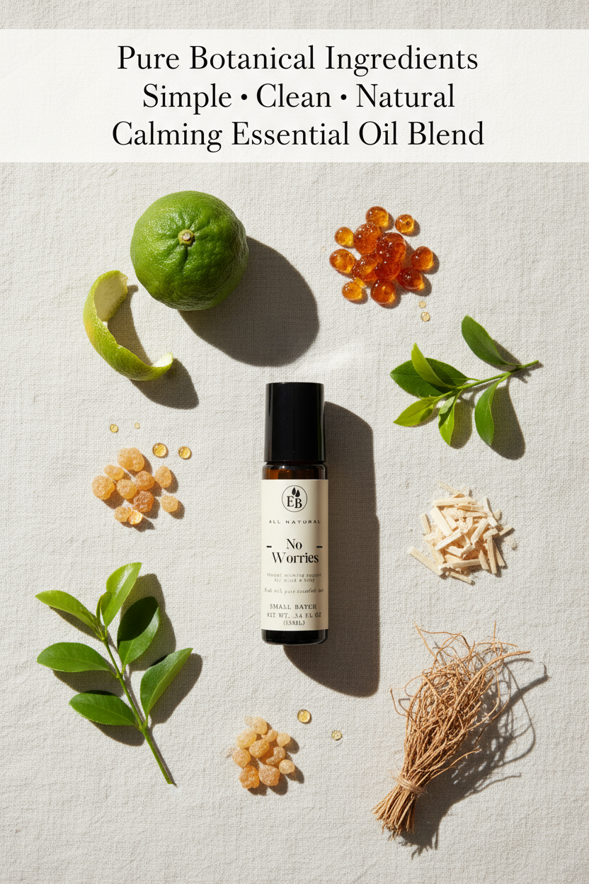 Elderberry Boost LLC No Worries calming essential oil roll-on with soothing herbal blend in a compact roller bottle