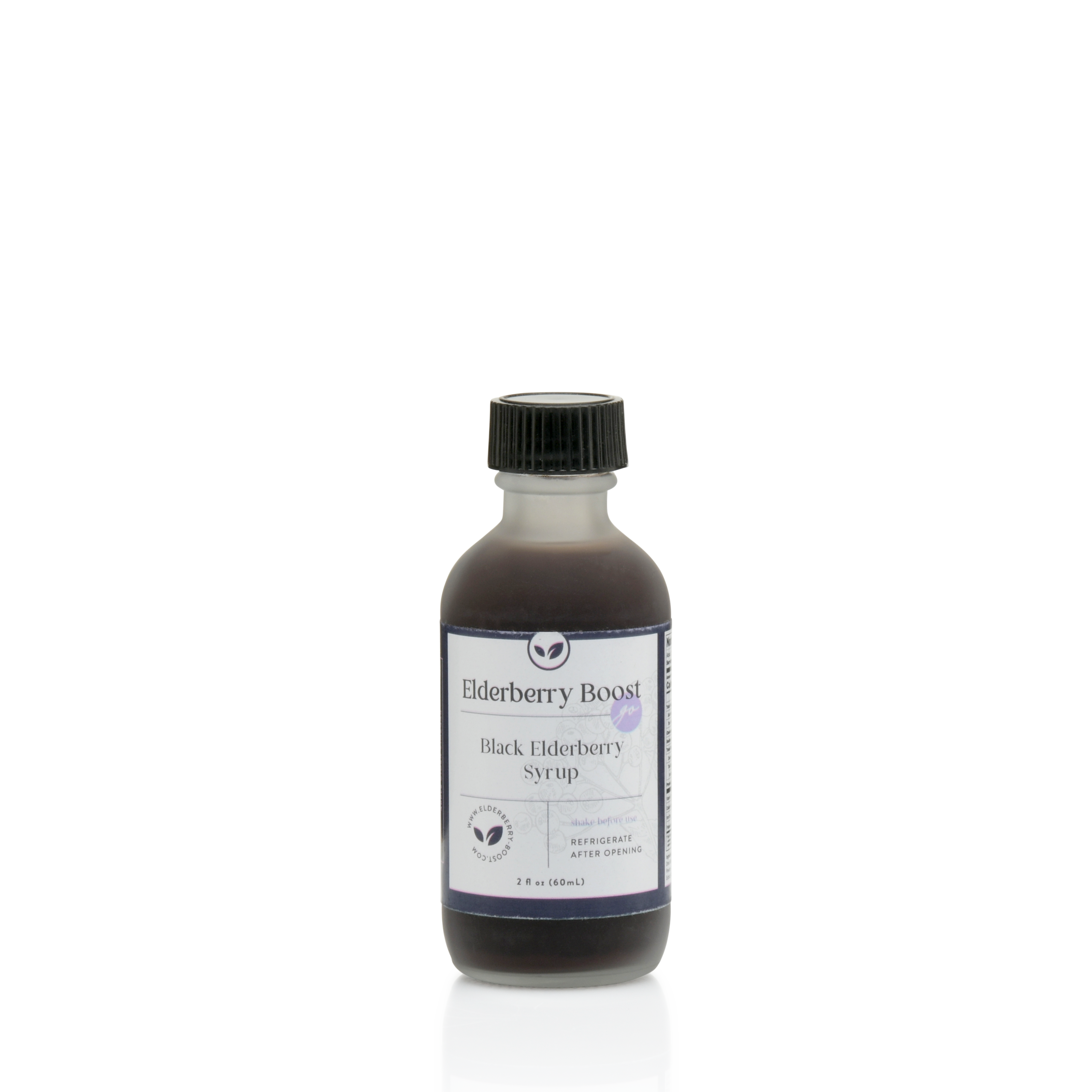 2oz Elderberry Boost LLC elderberry syrup shot in a small glass bottle, showcasing the vibrant purple elderberry syrup inside.