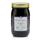 All natural Elderberry Boost syrup in a 16 oz bottle, featuring dark elderberry liquid in a clear glass container.