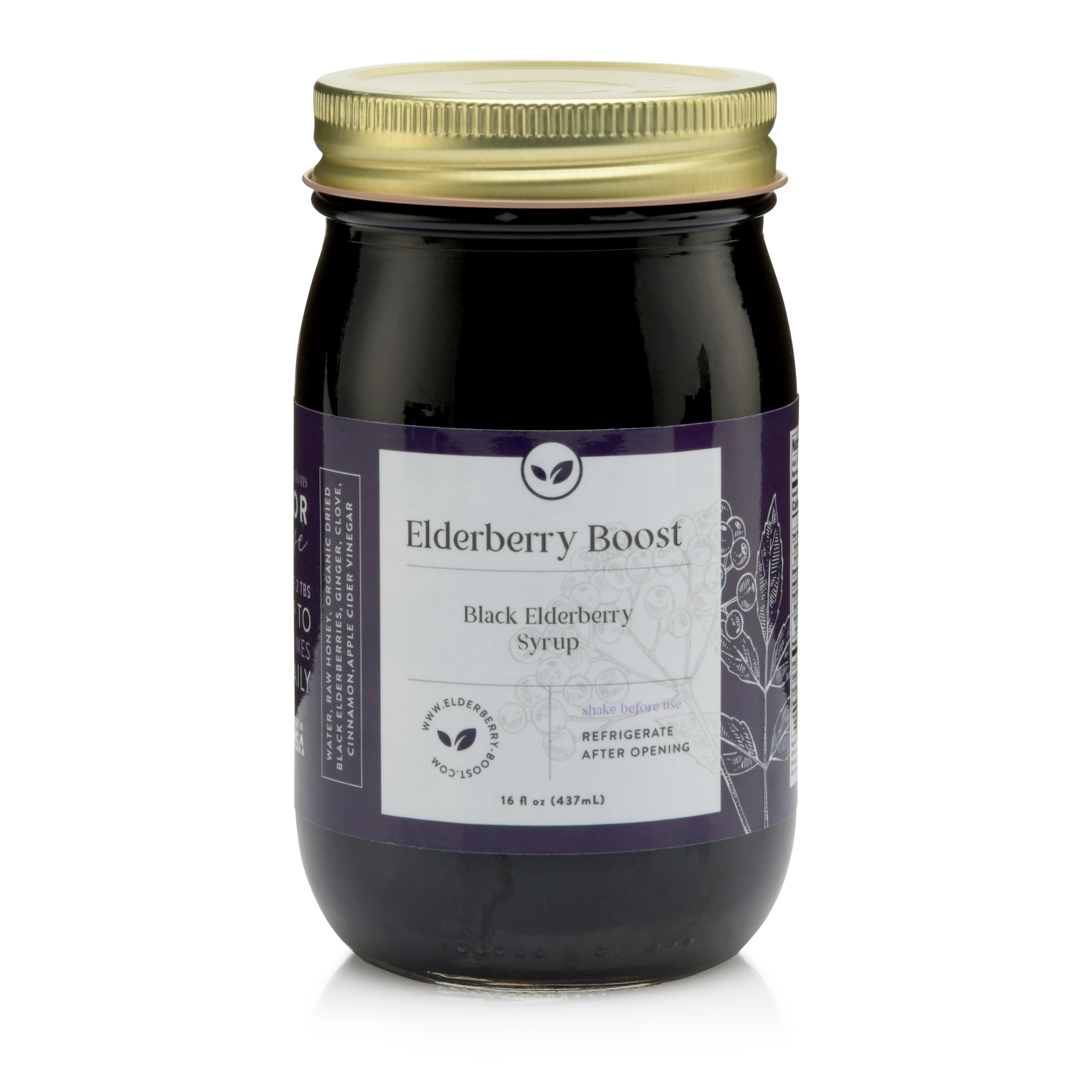 All natural Elderberry Boost syrup in a 16 oz bottle, featuring dark elderberry liquid in a clear glass container.