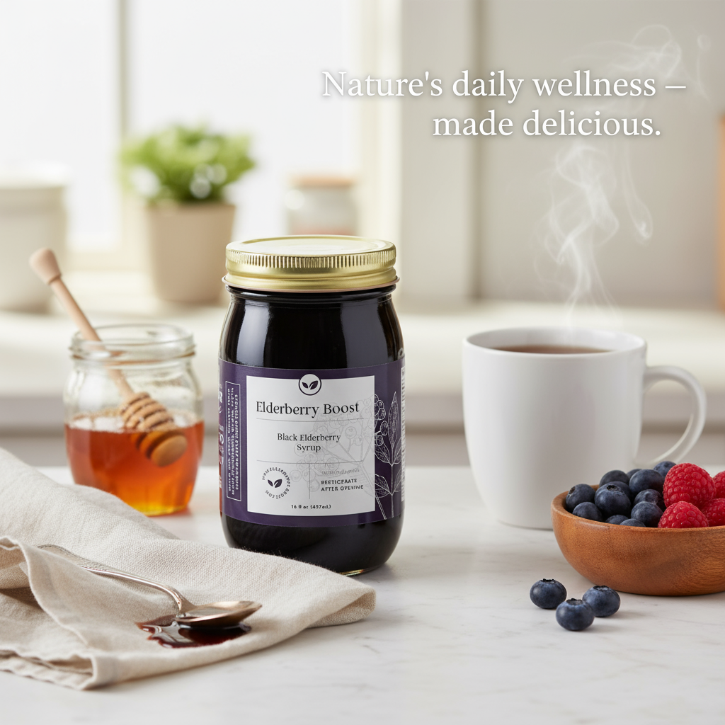 All-natural Elderberry Boost syrup in a 16 oz bottle, showcasing the Elderberry Boost LLC brand and vibrant elderberry ingredients.
