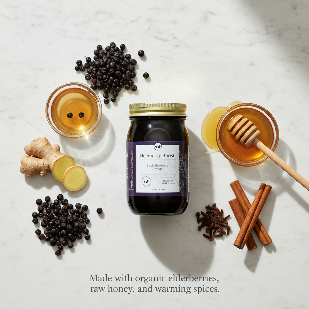 All-natural Elderberry Boost syrup in a 16 oz bottle, showcasing the elderberry syrup’s label and packaging.