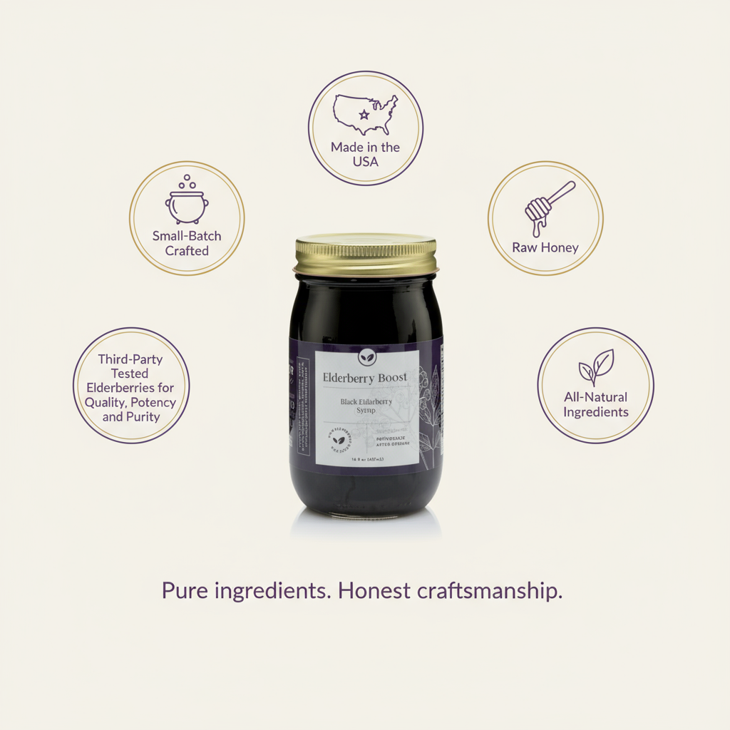 16 oz bottle of Elderberry Boost All Natural Elderberry Syrup by Elderberry Boost, LLC, with fresh elderberries visible in the image.