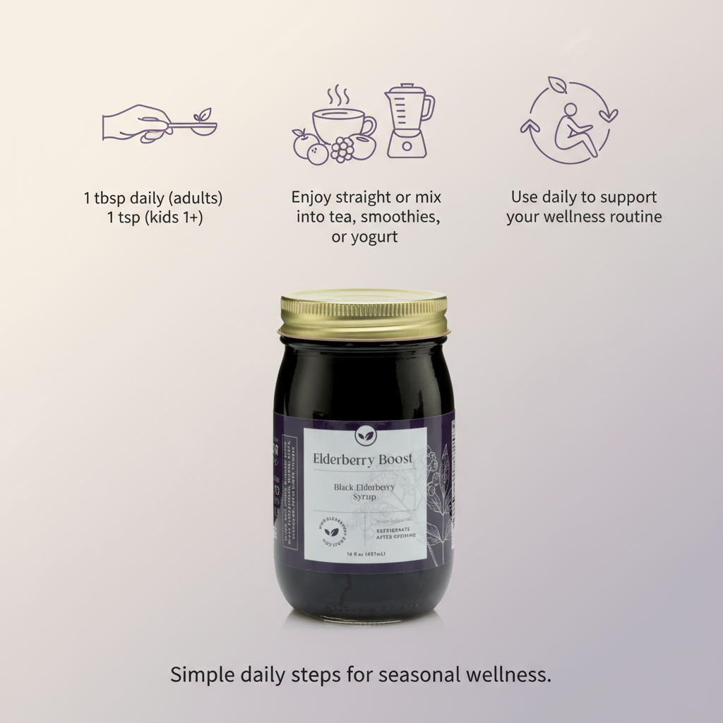 All Natural Elderberry Boost syrup in a 16 oz bottle, made by Elderberry Boost, LLC, featuring dark elderberry extract and natural ingredients.