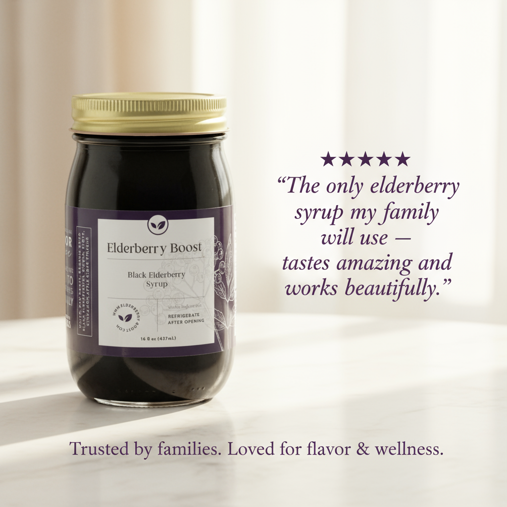 All natural elderberry syrup in a 16 oz bottle by Elderberry Boost, LLC, with fresh elderberries and active ingredients visible.