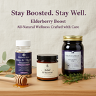 All Natural Elderberry Boost syrup in a 16 oz bottle, featuring fresh elderberries and natural ingredients for immune support.