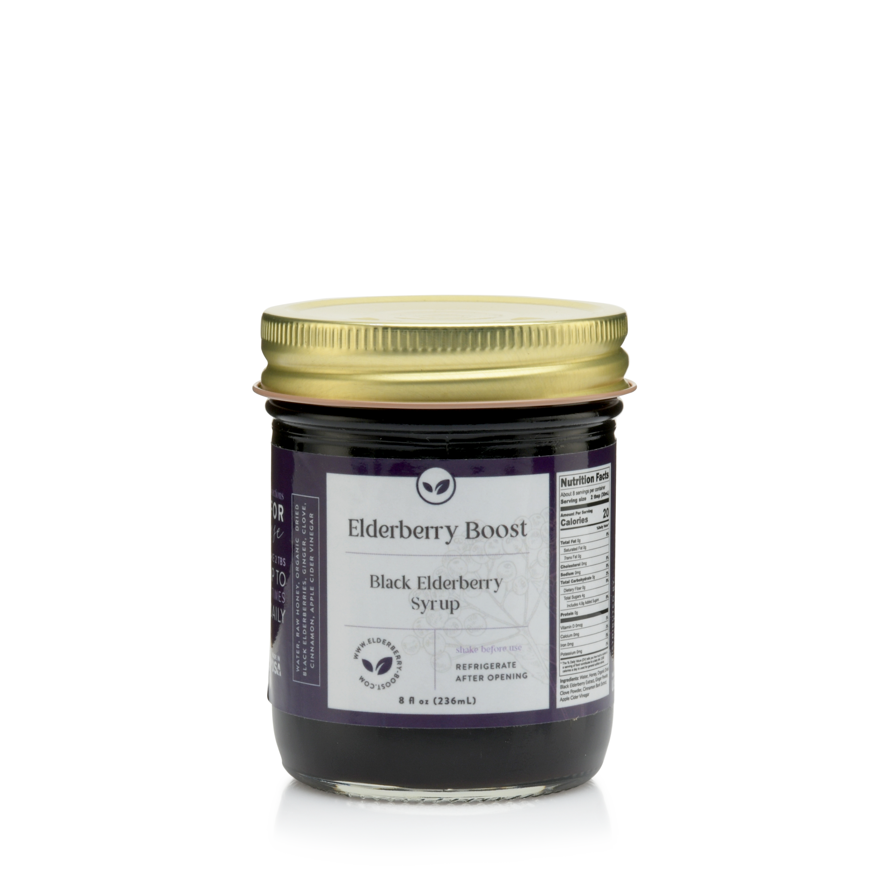 8 oz bottle of Elderberry Boost All Natural Elderberry Syrup by Elderberry Boost, LLC, showing the dark purple syrup in a glass bottle
