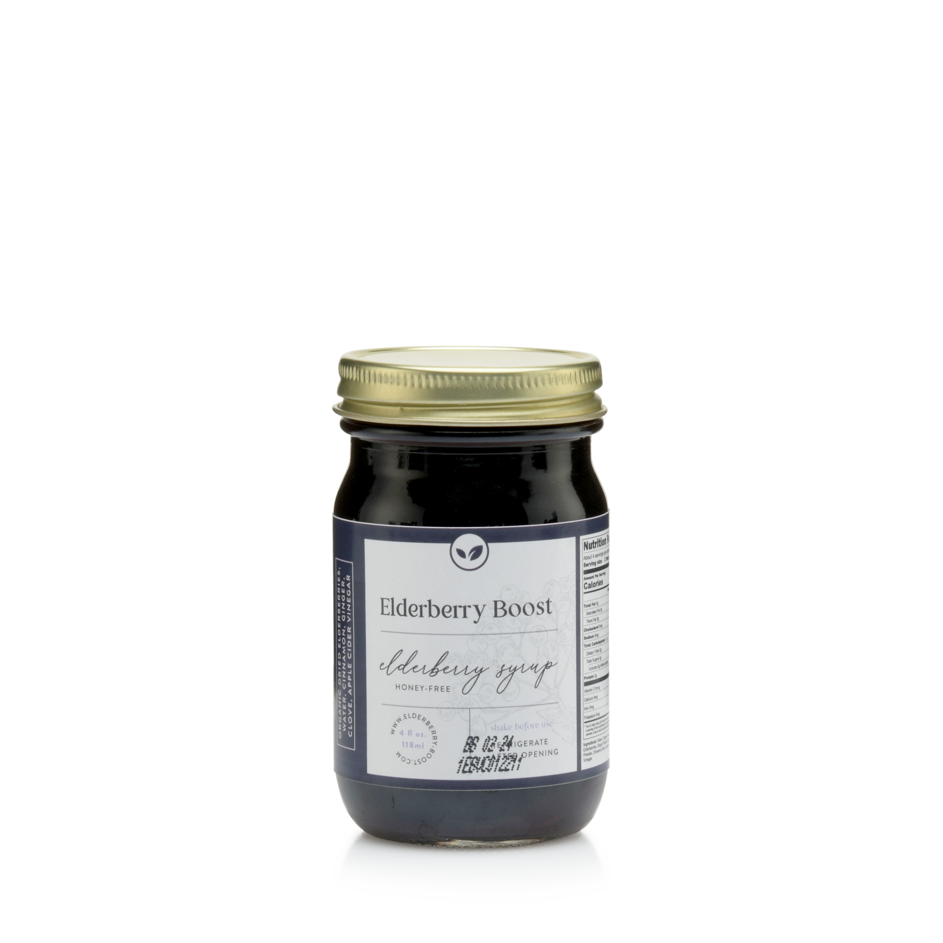 Elderberry Boost honey-free elderberry syrup in a 4 oz bottle, natural immune support supplement, dark purple liquid.