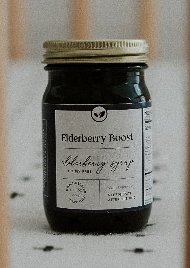 Elderberry Boost honey-free elderberry syrup in a 4 oz bottle, natural immune support supplement from Elderberry Boost, LLC.