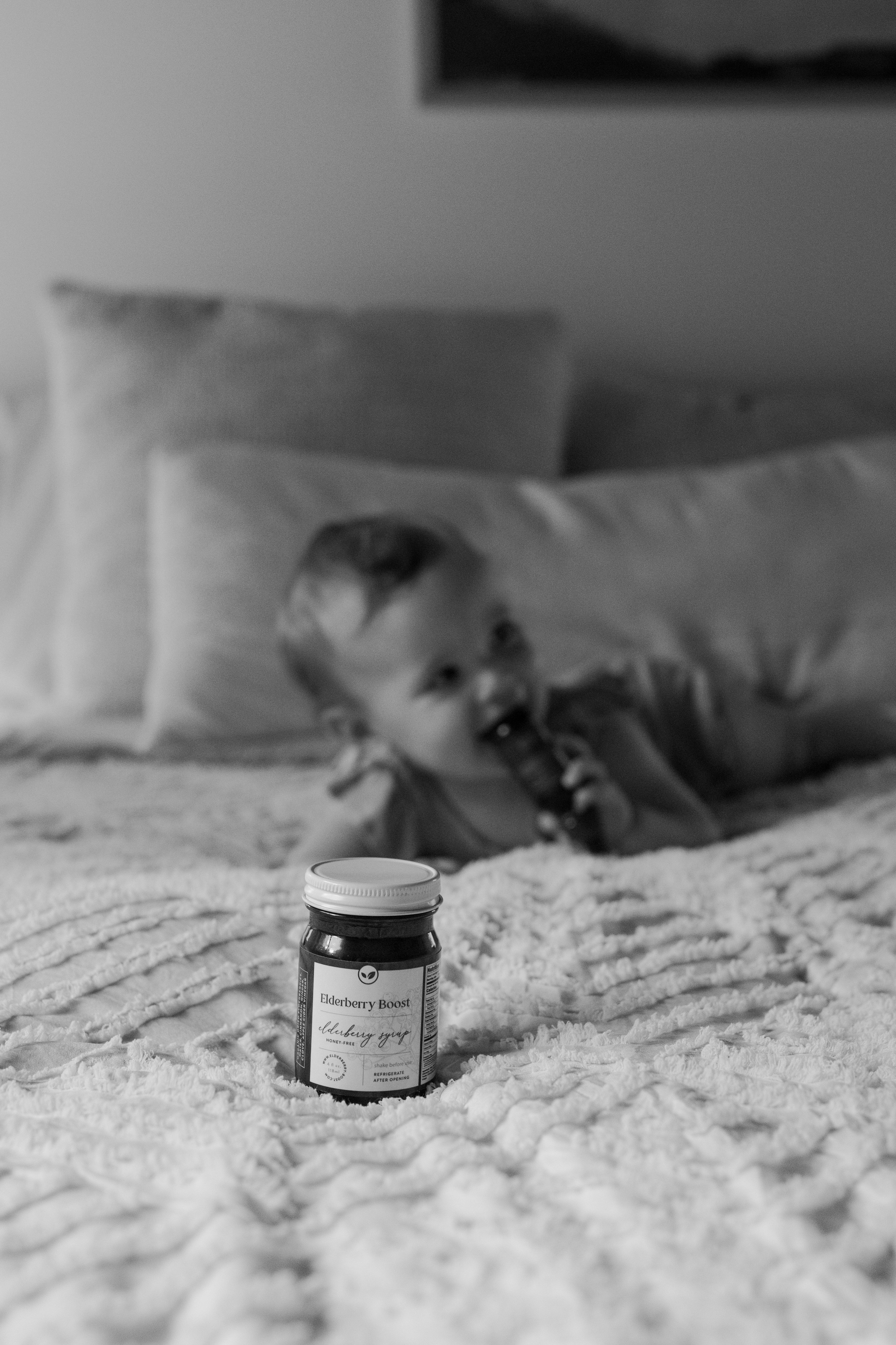 Elderberry Boost honey-free elderberry syrup in a 4 oz bottle, featuring dark elderberry extract and natural ingredients.