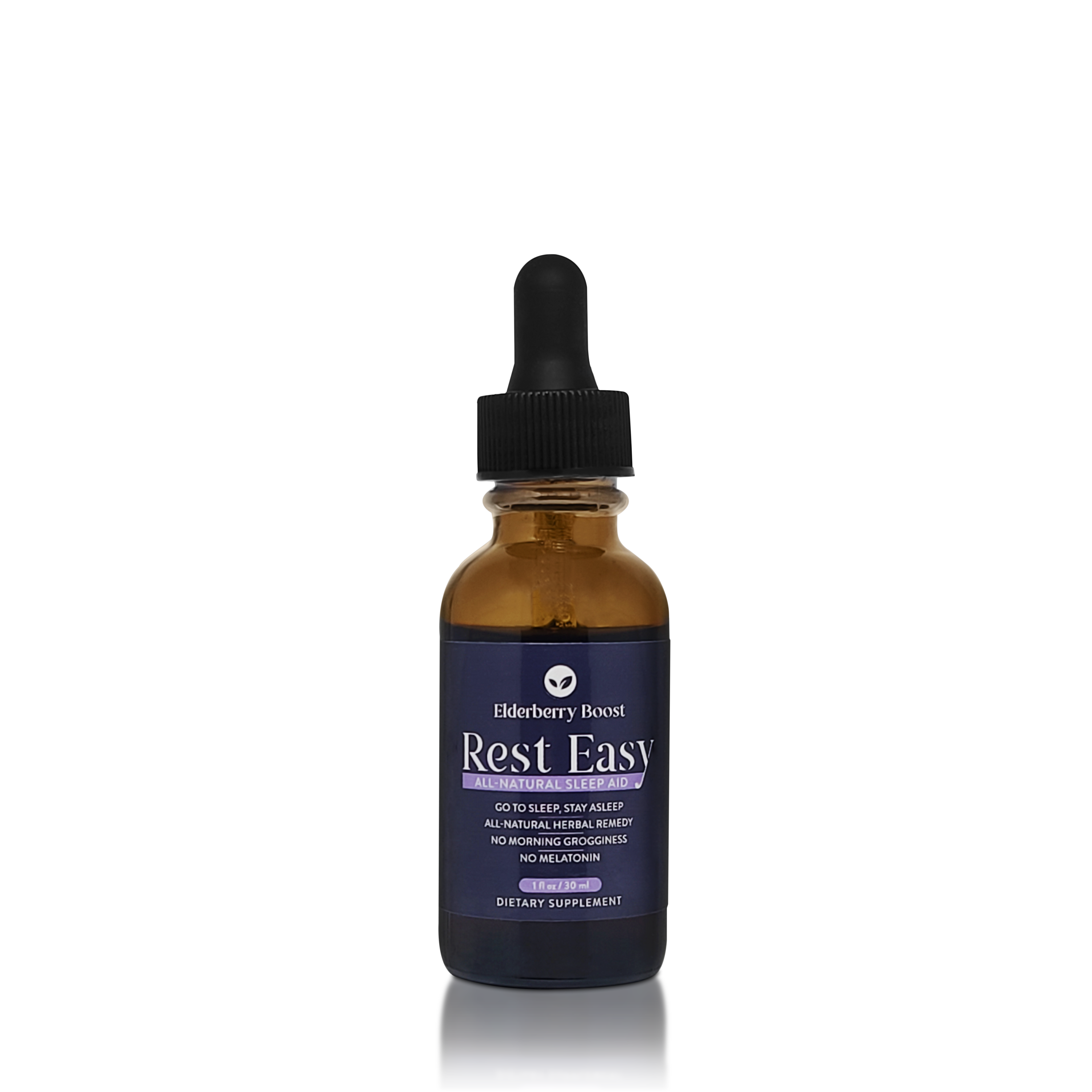 Elderberry Boost LLC Rest Easy all-natural sleep remedy tincture bottle with label visible.