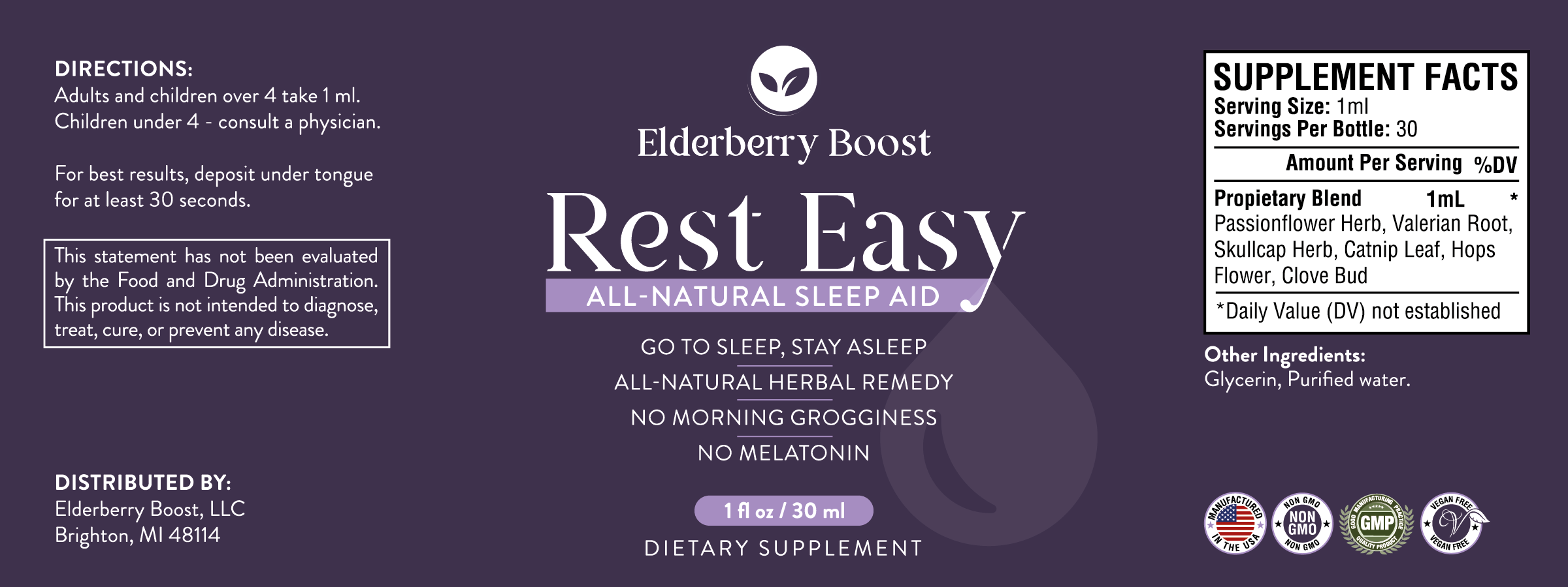 All-natural Rest Easy sleep remedy tincture by Elderberry Boost, LLC, in a glass bottle with dropper for relaxing sleep support.