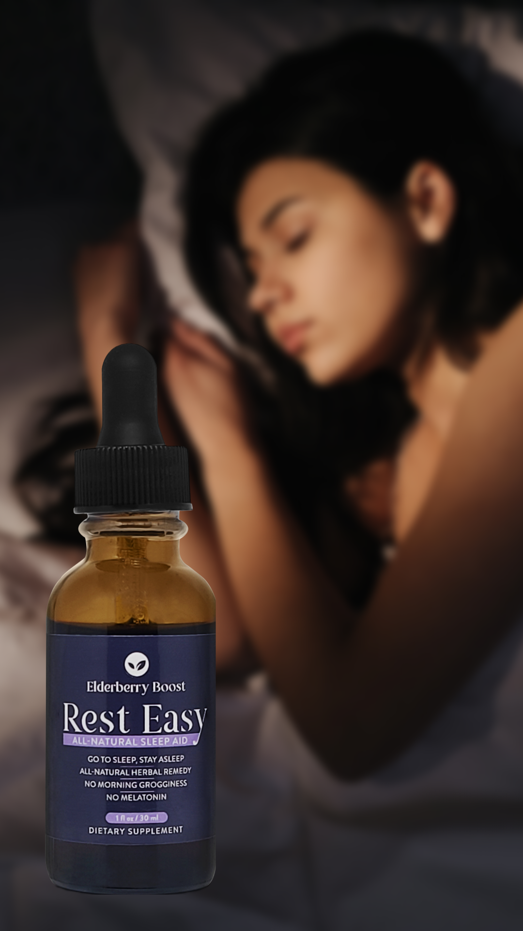 All-natural sleep remedy tincture by Elderberry Boost, LLC, featuring a dark glass bottle with dropper for restful sleep support.