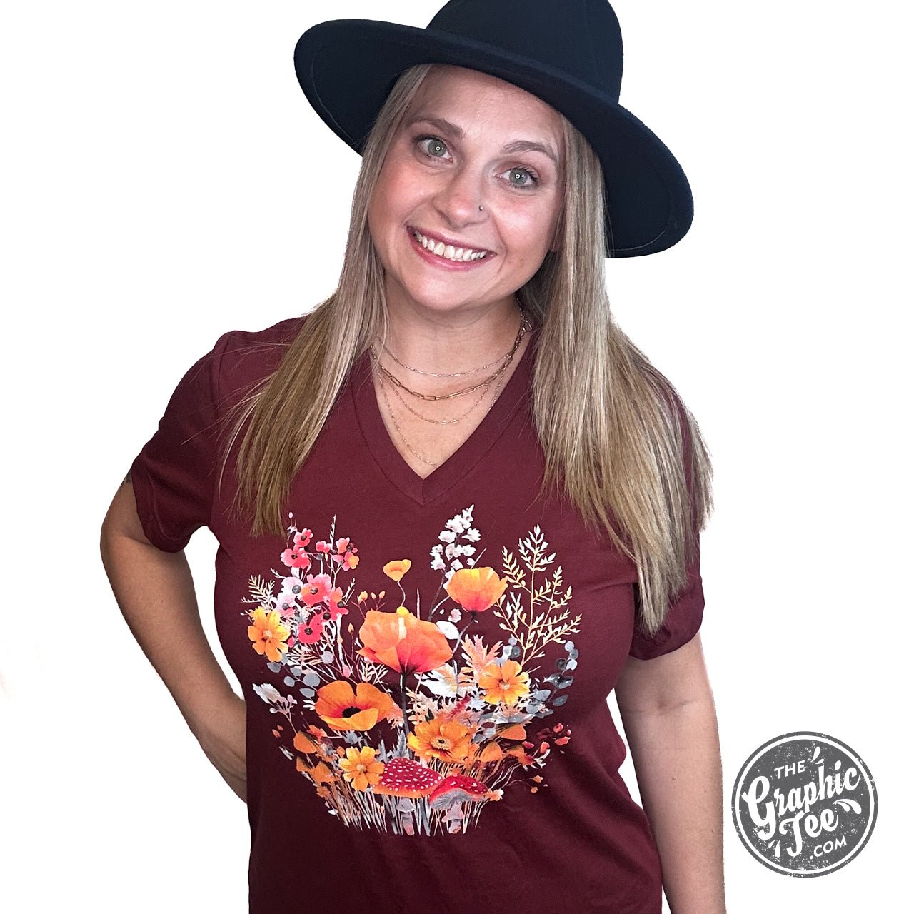 Fall boho floral Heather Cardinal V-neck short sleeve graphic tee by The Graphic Tee, featuring a floral design on a heather fabric.