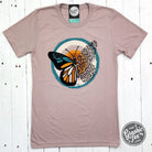 Heather pink short sleeve graphic tee with a fall butterfly design from The Graphic Tee, casual and stylish for everyday wear.