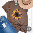 Fall Sunflower Heather Brown Short Sleeve Graphic Tee by The Graphic Tee, featuring a sunflower design on a cozy heather brown fabric.