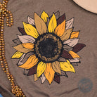 Fall Sunflower Heather Brown Short Sleeve Graphic Tee by The Graphic Tee featuring sunflower design on a cozy brown heather fabric.