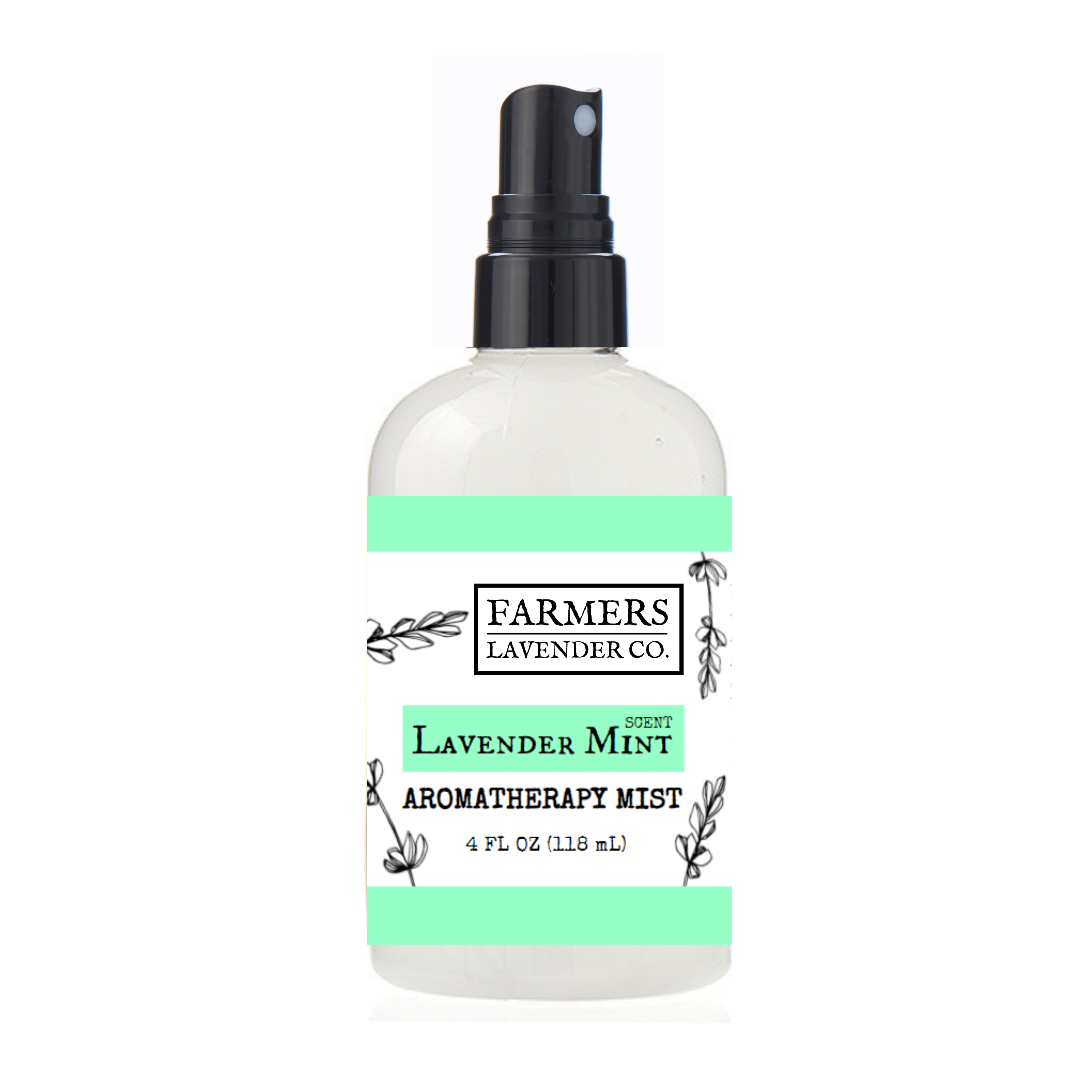 Spray bottle of FARMERS Lavender Co. Lavender Mint Aromatherapy Mist with lavender and mint botanical illustrations.