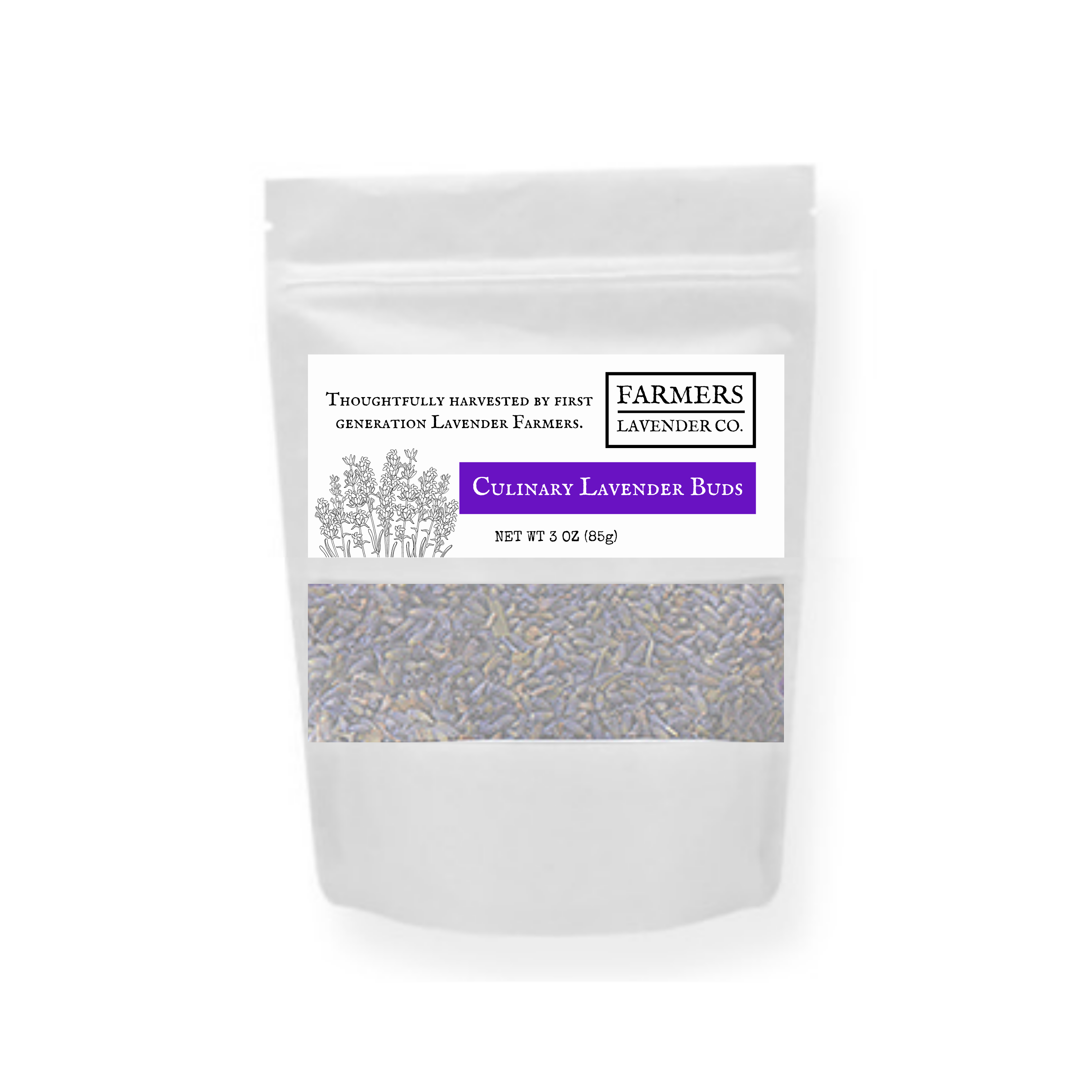 Culinary lavender buds in a jar from FARMERS Lavender Co., fresh, dried lavender flowers used for cooking and baking.