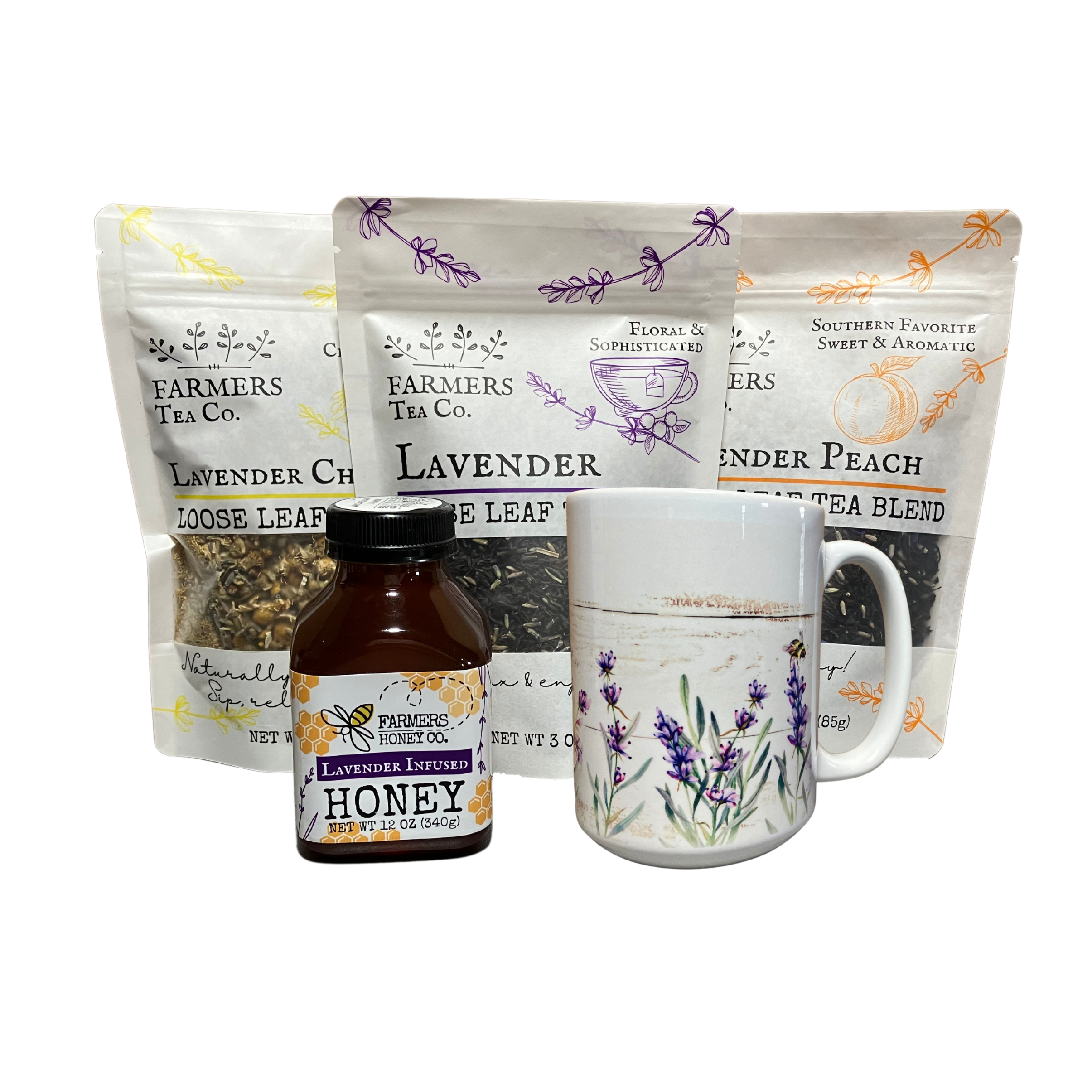Lavender Tea and Honey gift box from FARMERS Lavender Co., featuring a beautifully arranged set with lavender-themed packaging.