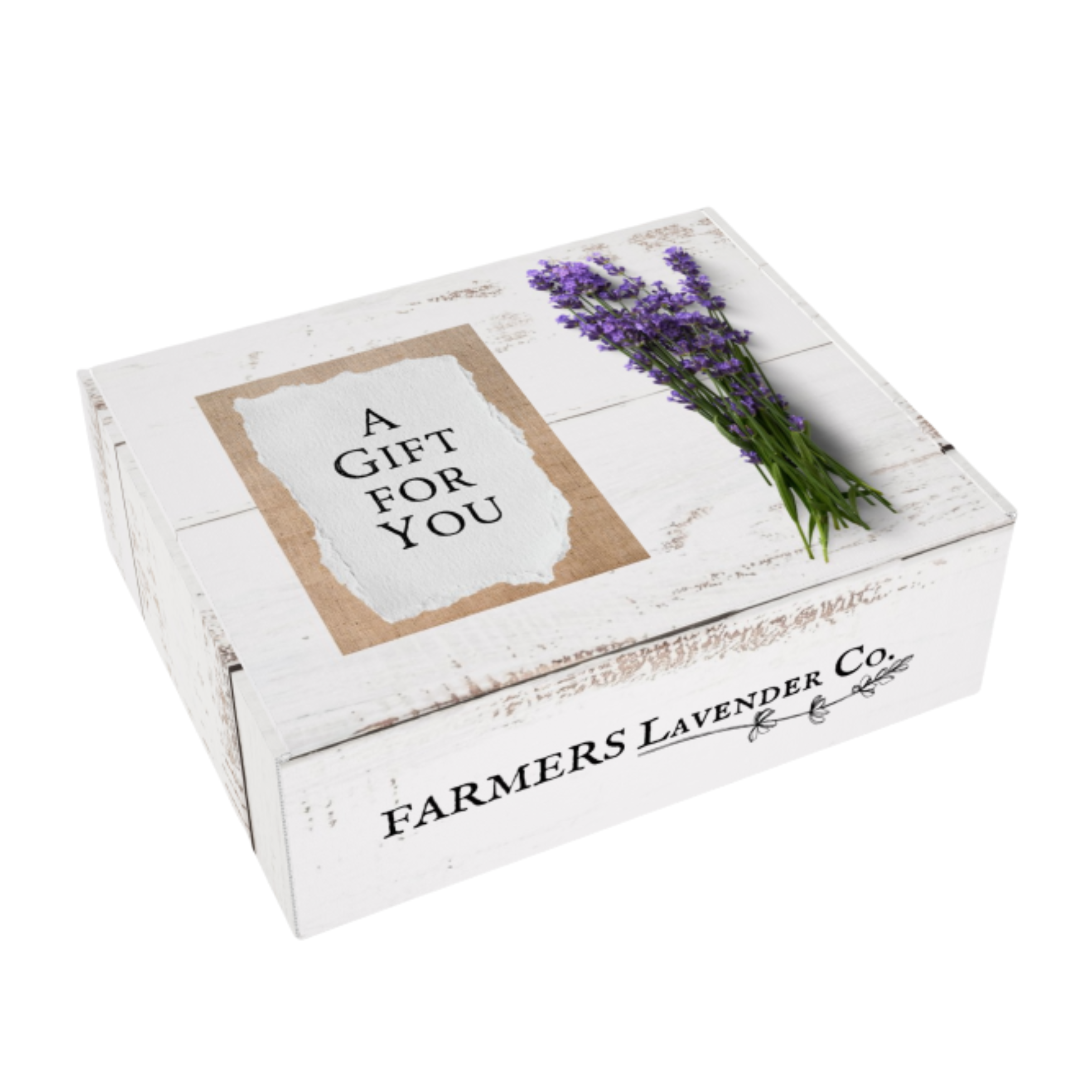 Farmers Lavender Co. gift box with lavender tea and honey, featuring lavender sprigs and a decorative box for gifting.