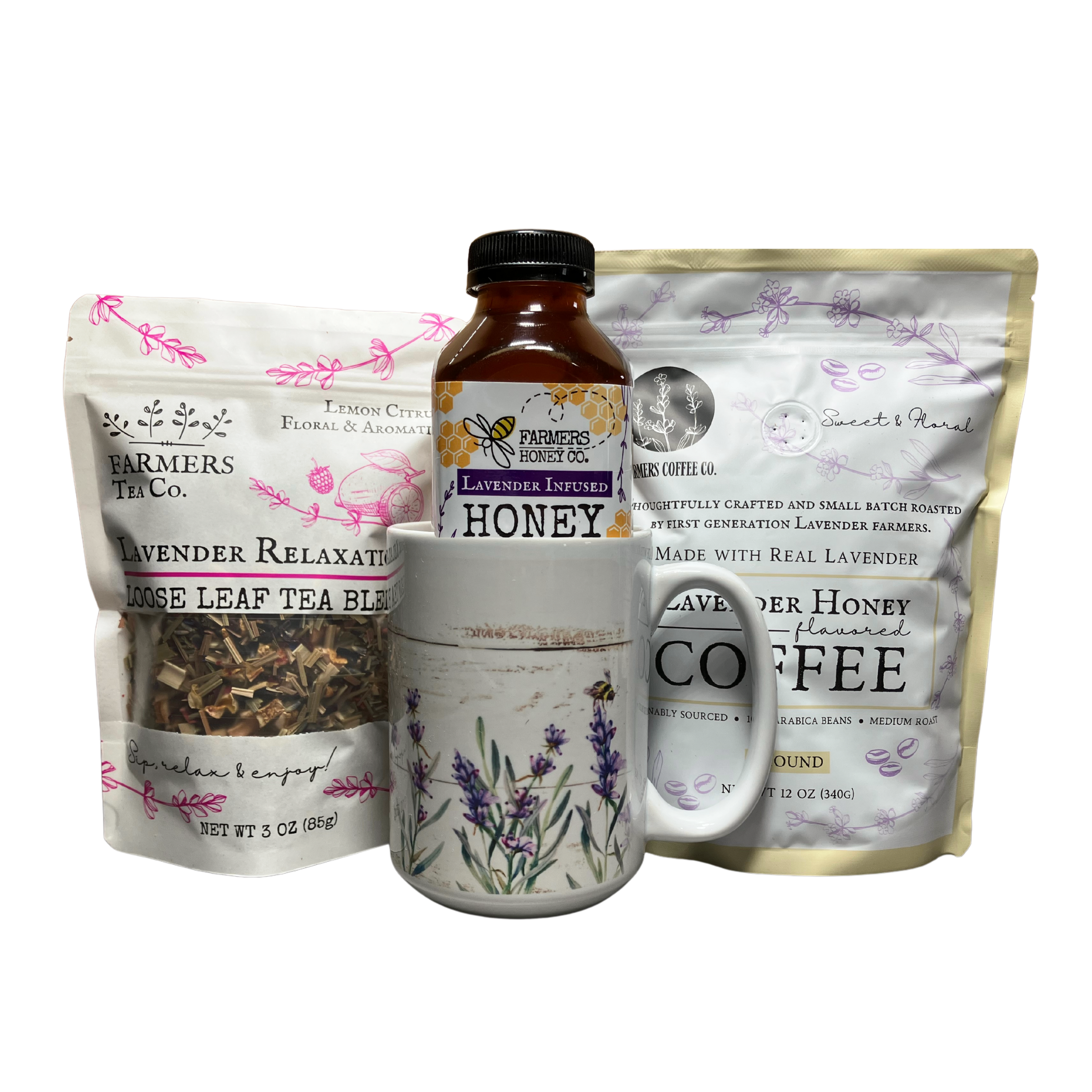 Farmers Lavender Co. gift box with lavender, coffee, tea, and honey, showcasing a beautifully arranged gift set with natural products.