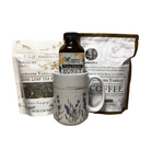 Farmers Lavender Co. gift box with lavender, coffee, tea, and honey set, featuring assorted products in a decorative gift box.