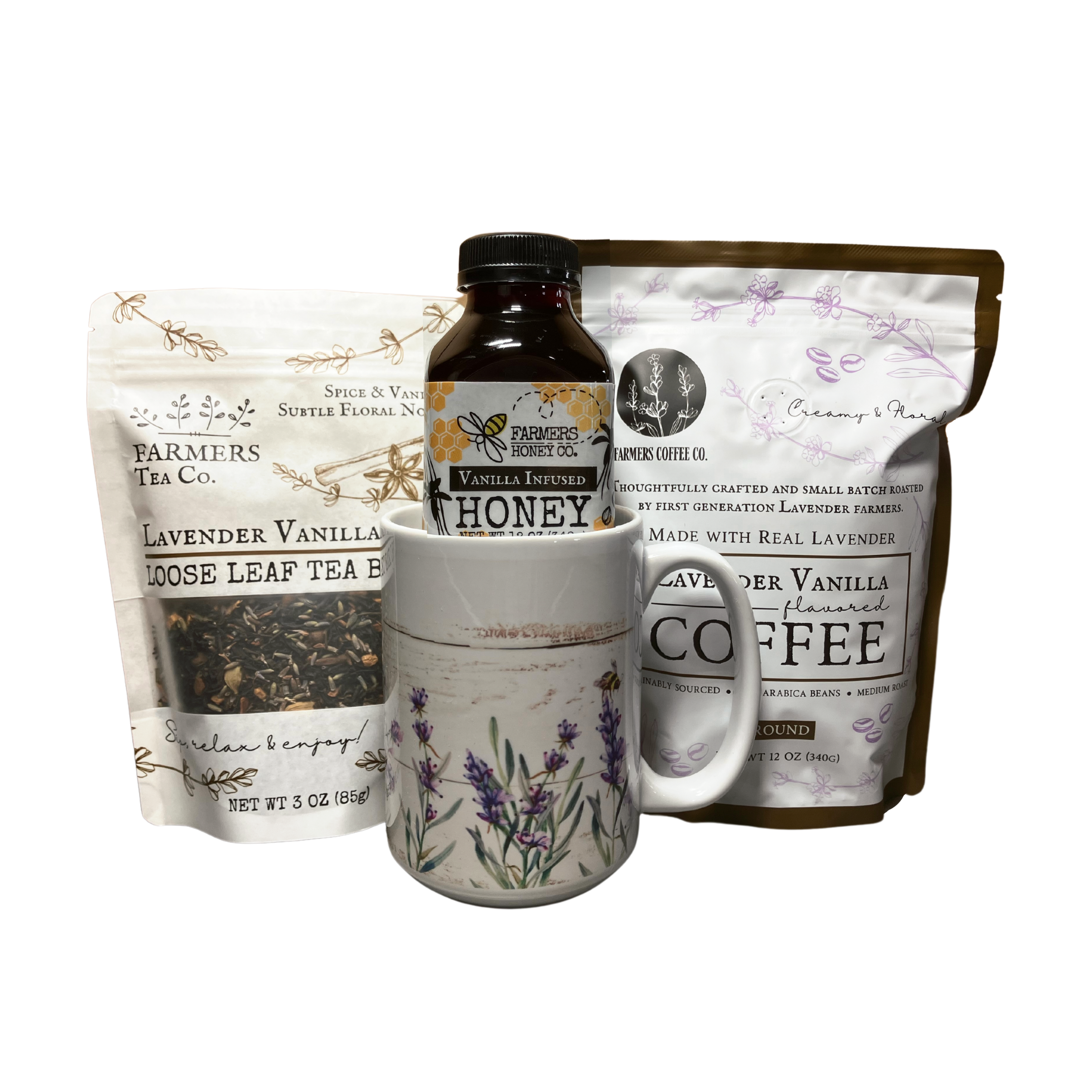 Farmers Lavender Co. gift box with lavender, coffee, tea, and honey set, featuring assorted products in a decorative gift box.