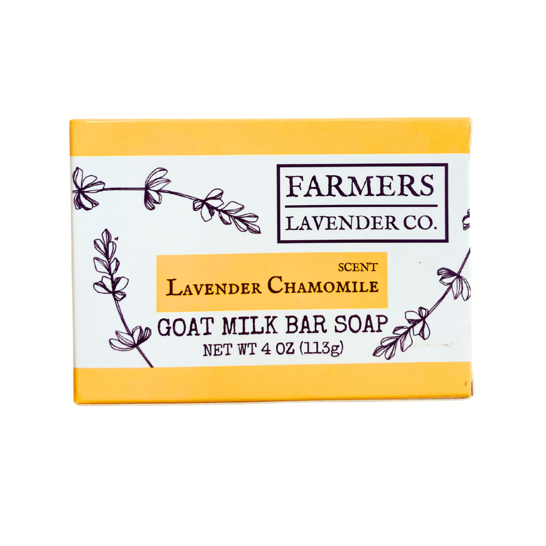 Lavender chamomile goat milk bar soap by FARMERS Lavender Co. with a creamy soap bar featuring lavender and chamomile floral accents.