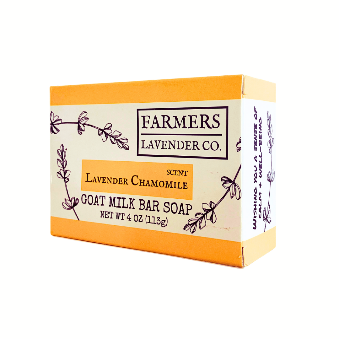 Lavender chamomile goat milk bar soap from FARMERS Lavender Co., featuring a creamy soap bar with lavender and chamomile ingredients.