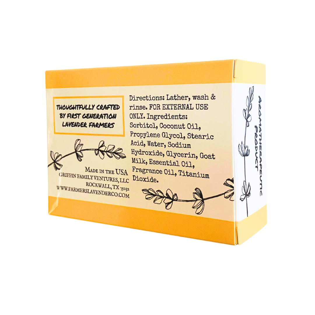 Lavender chamomile goat milk bar soap from FARMERS Lavender Co. with a creamy soap bar featuring lavender and chamomile flowers