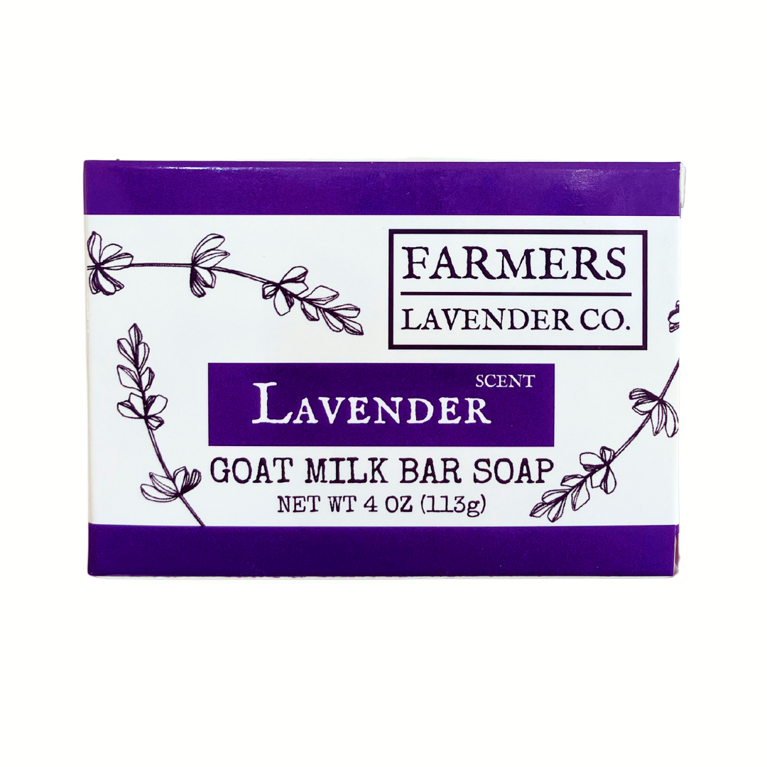 Lavender goat milk bar soap by FARMERS Lavender Co. with a smooth, creamy soap bar featuring lavender scent and natural ingredients.