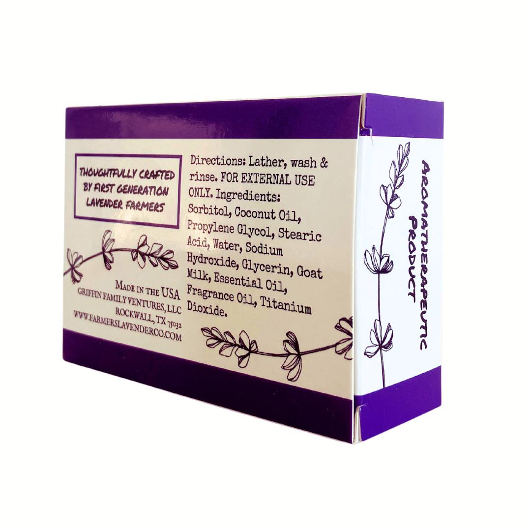 Lavender goat milk bar soap by FARMERS Lavender Co. with a creamy soap bar featuring lavender scent and natural ingredients.